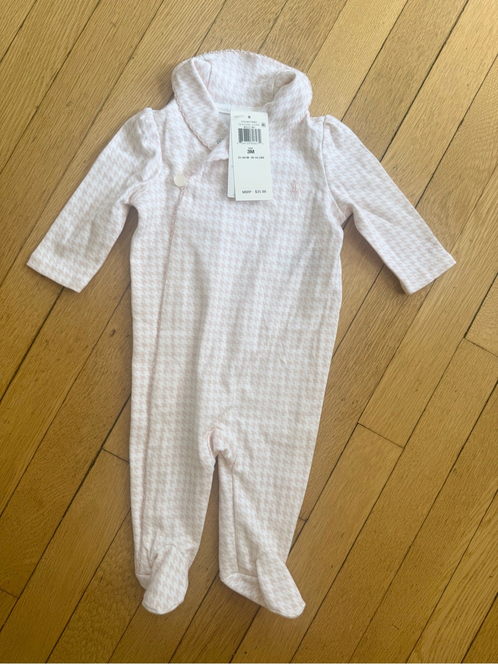 Polo by Ralph Lauren Pale Pink Houndstooth Footed One-Piece